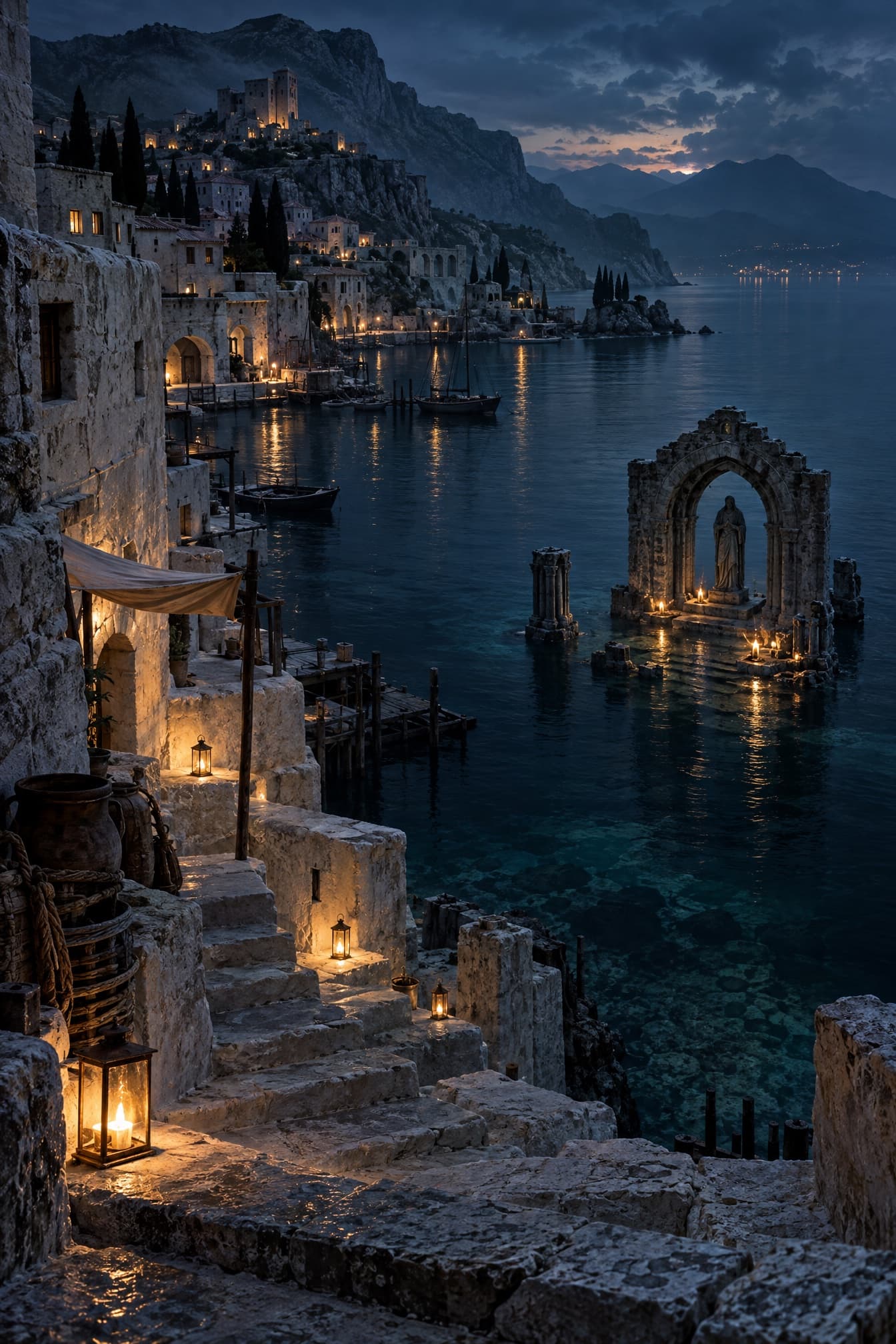Lantern-lit stone steps descend to a dark bay where a half-flooded chapel arch glows with candles, a terraced town climbing the hill behind it